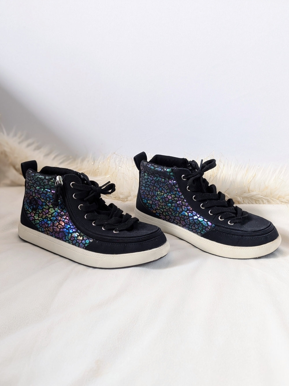 Billy Footware Black iridescent Leopard print high top sneakers Wrap Zipper Sz 8